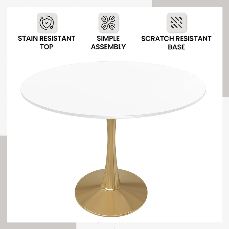 Tavolo da pranzo rotondo Bristol 40 per 4 persone con piano in MDF e base in acciaio dorato per cucina e sala da pranzo