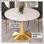 Tavolo da pranzo rotondo Bristol 40 per 4 persone con piano in MDF e base in acciaio dorato per cucina e sala da pranzo