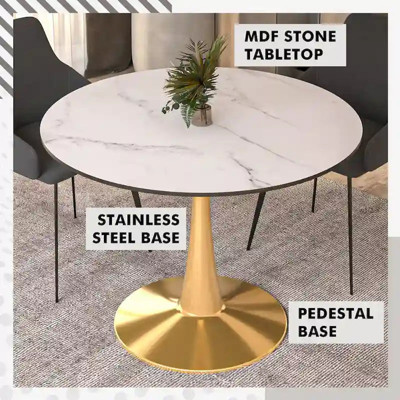 Tavolo da pranzo rotondo Bristol 40 per 4 persone con piano in MDF e base in acciaio dorato per cucina e sala da pranzo