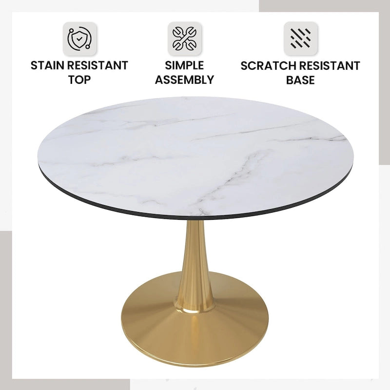 Tavolo da pranzo rotondo Bristol 40 per 4 persone con piano in MDF e base in acciaio dorato per cucina e sala da pranzo