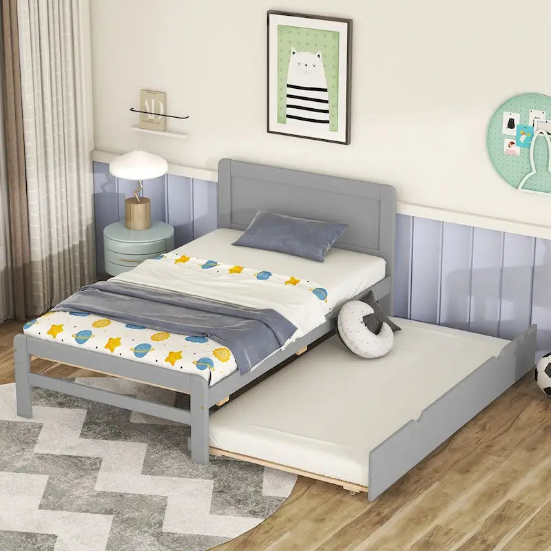 Struttura letto a piattaforma singolo contemporaneo con letto estraibile – Struttura durevole in legno di gomma, compensato, MDF