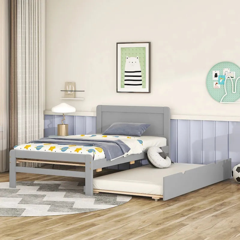 Struttura letto a piattaforma singolo contemporaneo con letto estraibile – Struttura durevole in legno di gomma, compensato, MDF