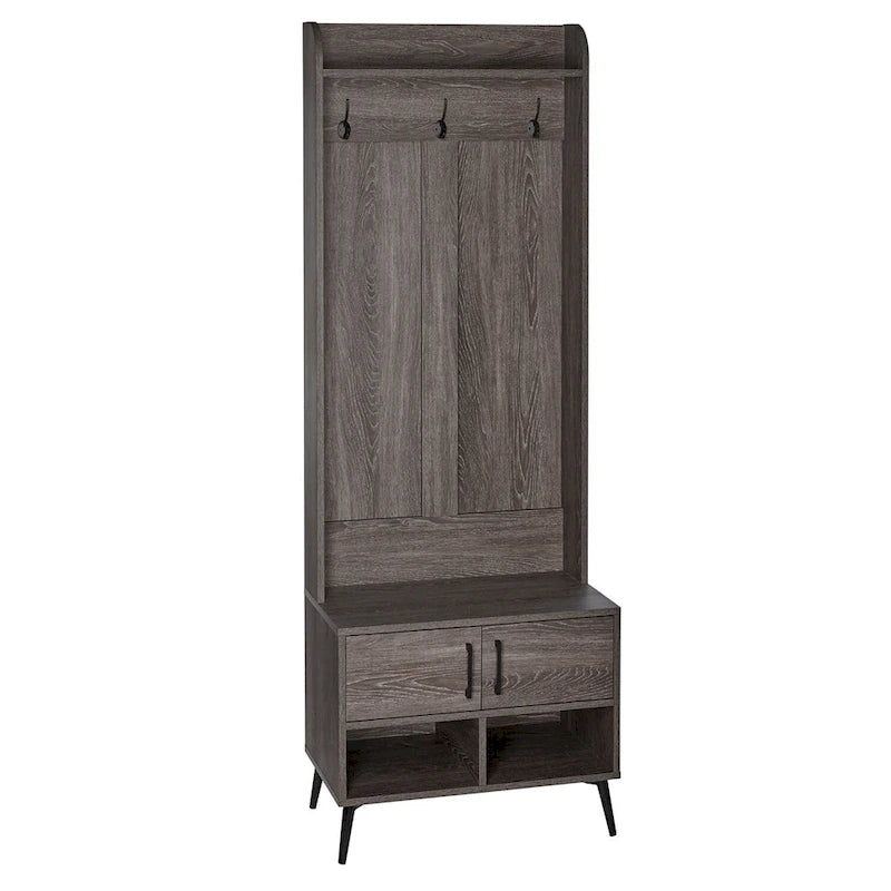 Woodbury Hall Tree con panca da ingresso, scarpiera, appendiabiti e vani portaoggetti - effetto legno invecchiato