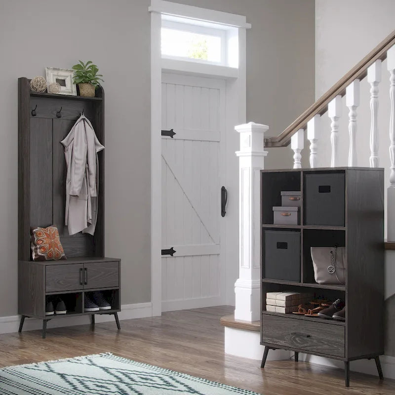 Woodbury Hall Tree con panca da ingresso, scarpiera, appendiabiti e vani portaoggetti - effetto legno invecchiato
