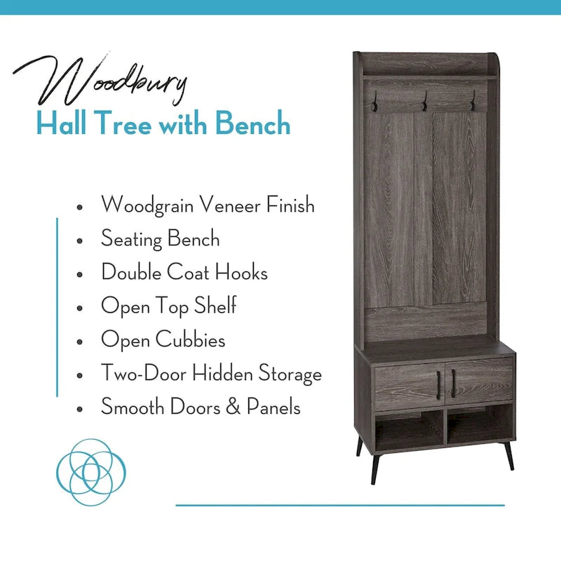 Woodbury Hall Tree con panca da ingresso, scarpiera, appendiabiti e vani portaoggetti - effetto legno invecchiato