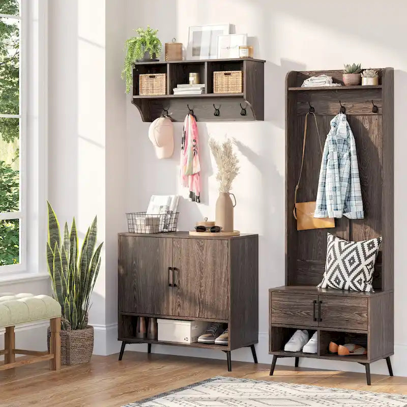 Woodbury Hall Tree con panca da ingresso, scarpiera, appendiabiti e vani portaoggetti - effetto legno invecchiato