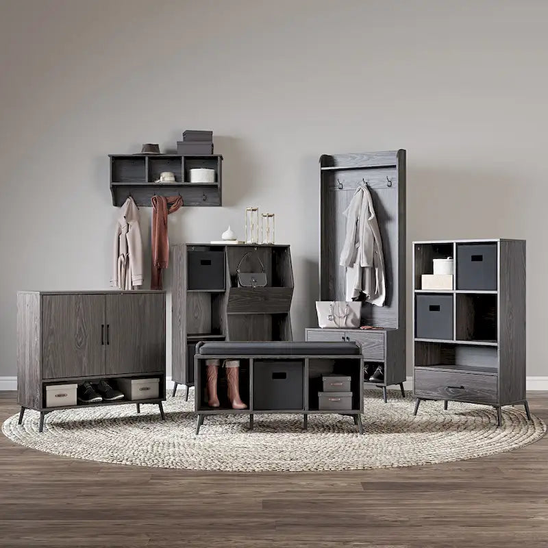Woodbury Hall Tree con panca da ingresso, scarpiera, appendiabiti e vani portaoggetti - effetto legno invecchiato