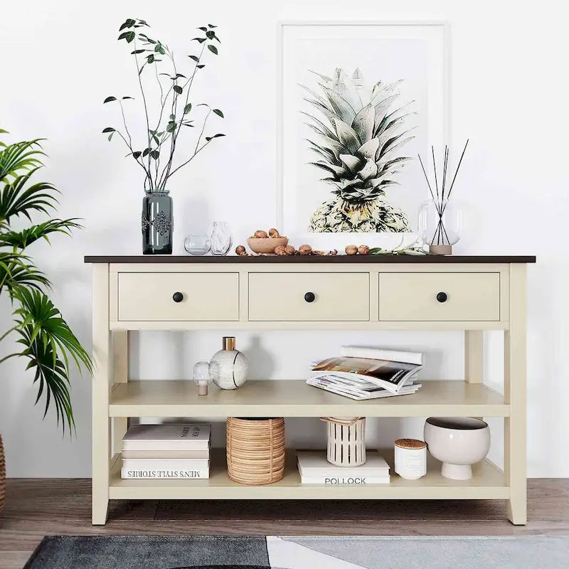 Console da 50L dal design retrò con due ripiani aperti, struttura e gambe in legno massello di pino
