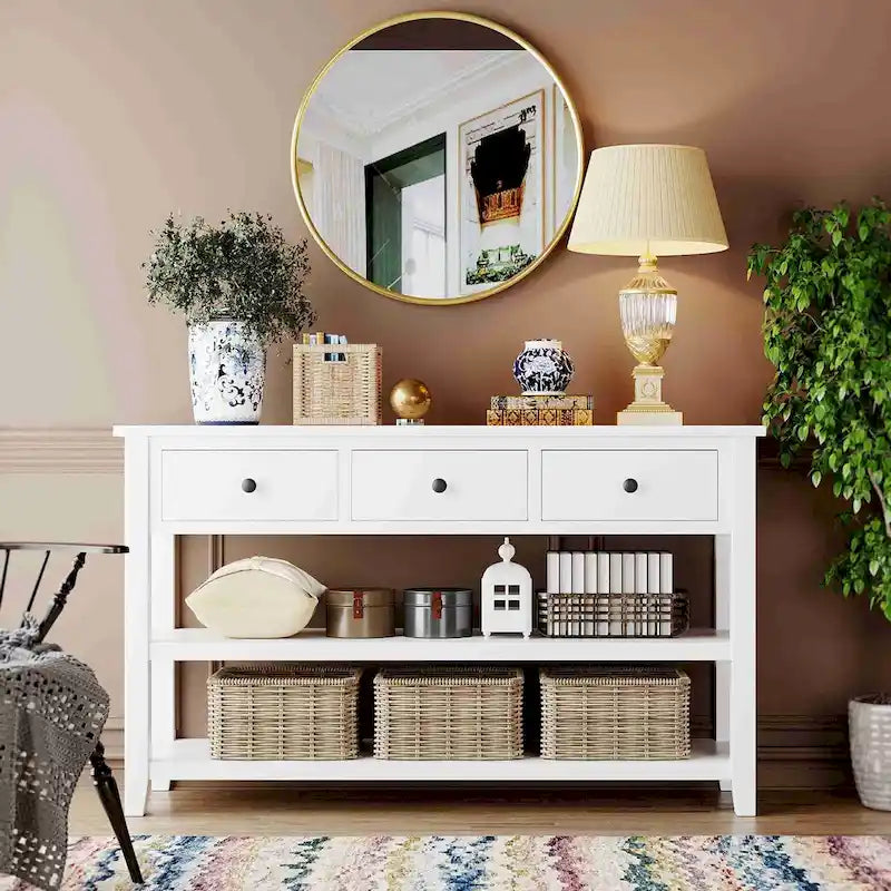 Console da 50L dal design retrò con due ripiani aperti, struttura e gambe in legno massello di pino