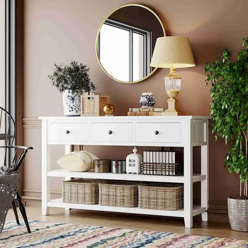 Console da 50L dal design retrò con due ripiani aperti, struttura e gambe in legno massello di pino