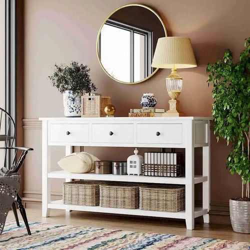 Console da 50L dal design retrò con due ripiani aperti, struttura e gambe in legno massello di pino