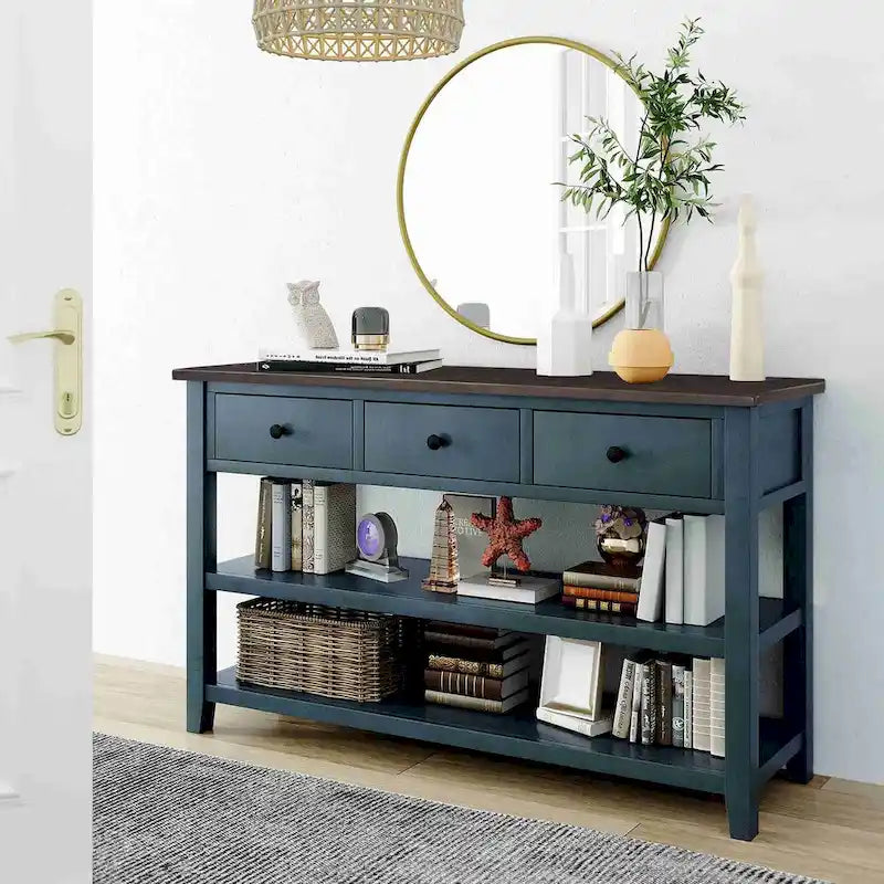 Console da 50L dal design retrò con due ripiani aperti, struttura e gambe in legno massello di pino