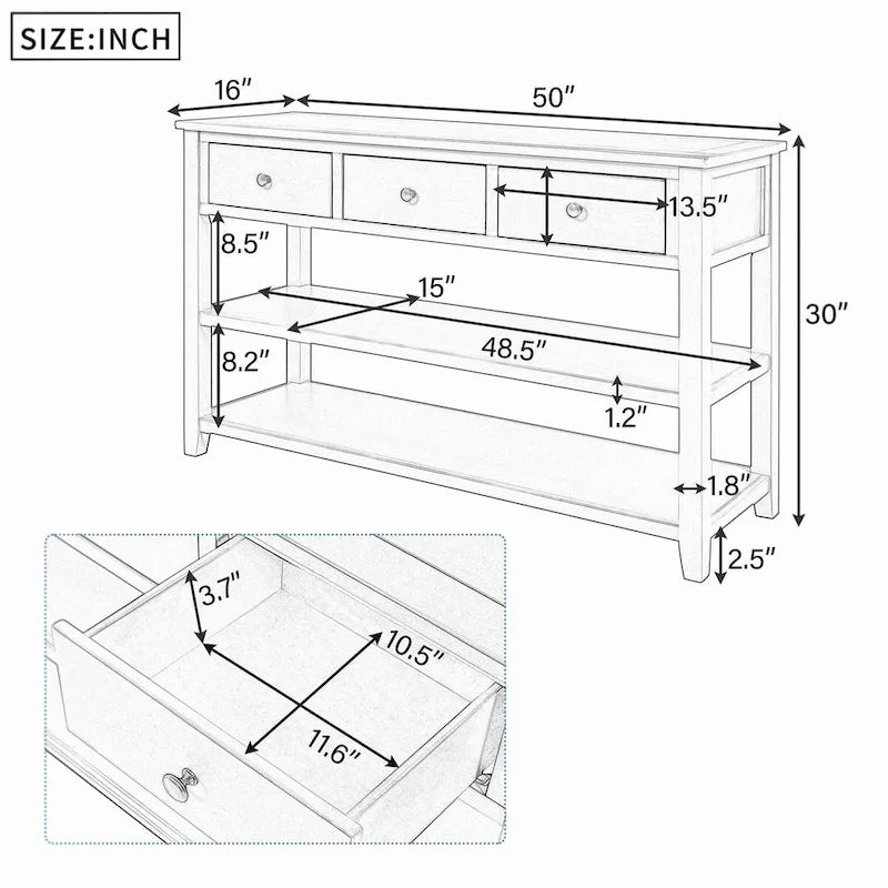 Console da 50L dal design retrò con due ripiani aperti, struttura e gambe in legno massello di pino