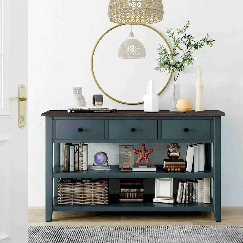 Console da 50L dal design retrò con due ripiani aperti, struttura e gambe in legno massello di pino