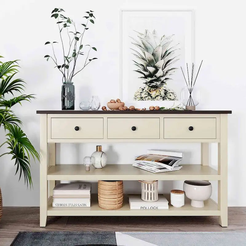 Console da 50L dal design retrò con due ripiani aperti, struttura e gambe in legno massello di pino