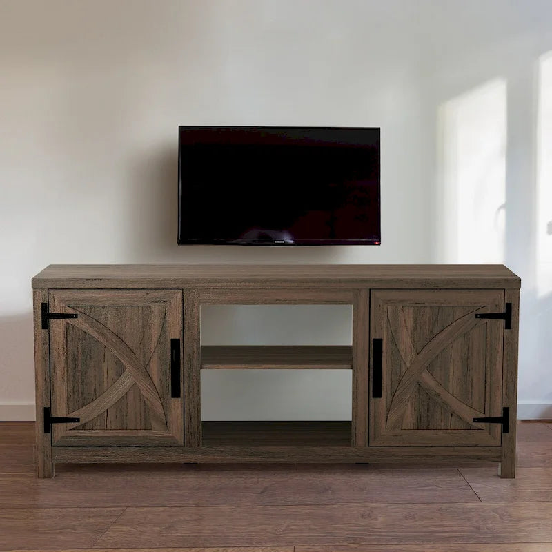 Mobile TV a console da 58 pollici in legno di noce rustico, con porte scorrevoli stile fienile, per TV fino a 65 pollici di larghezza