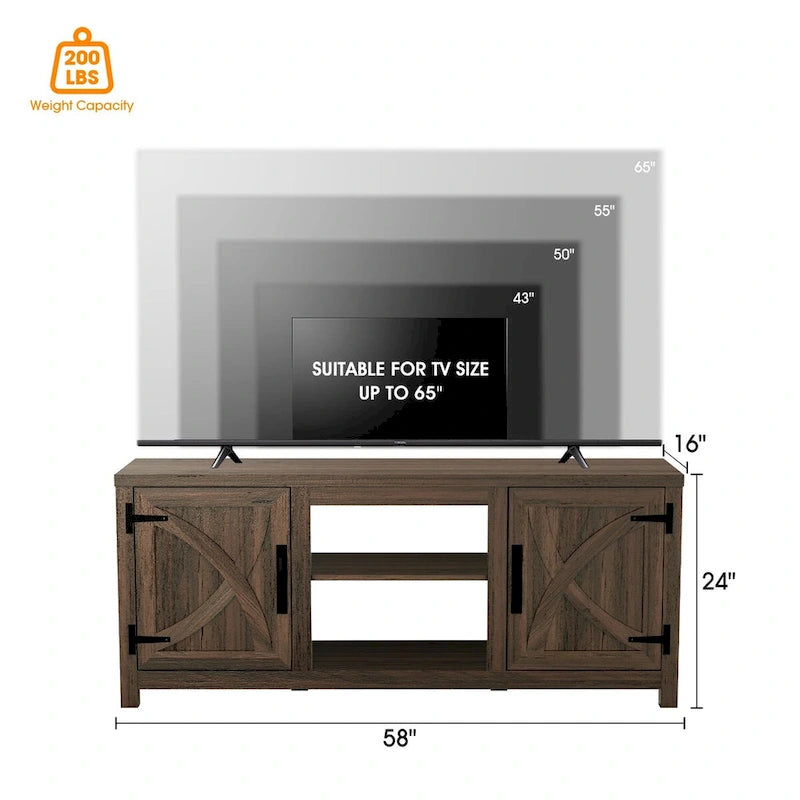 Mobile TV a console da 58 pollici in legno di noce rustico, con porte scorrevoli stile fienile, per TV fino a 65 pollici di larghezza