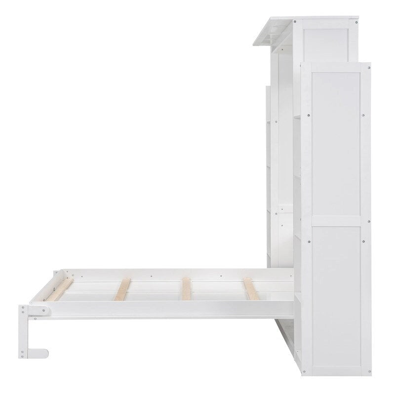 Letto a scomparsa matrimoniale in legno con scaffali e luci a LED