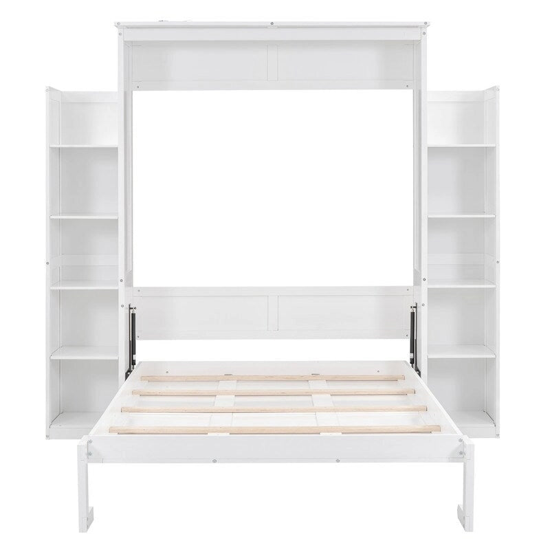 Letto a scomparsa matrimoniale in legno con scaffali e luci a LED