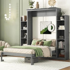 Letto a scomparsa matrimoniale in legno con scaffali e luci a LED