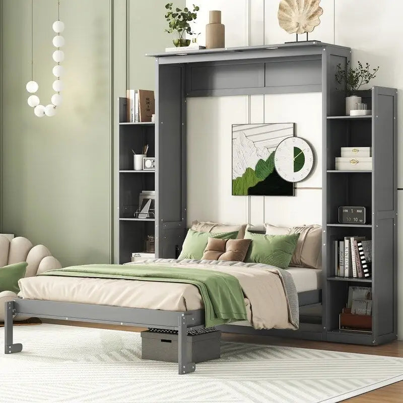 Letto a scomparsa matrimoniale in legno con scaffali e luci a LED