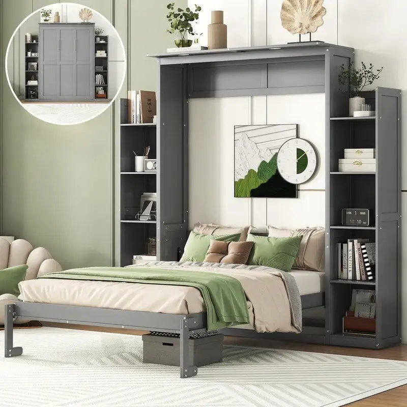 Letto a scomparsa matrimoniale in legno con scaffali e luci a LED