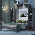 Letto a scomparsa matrimoniale in legno con scaffali e luci a LED