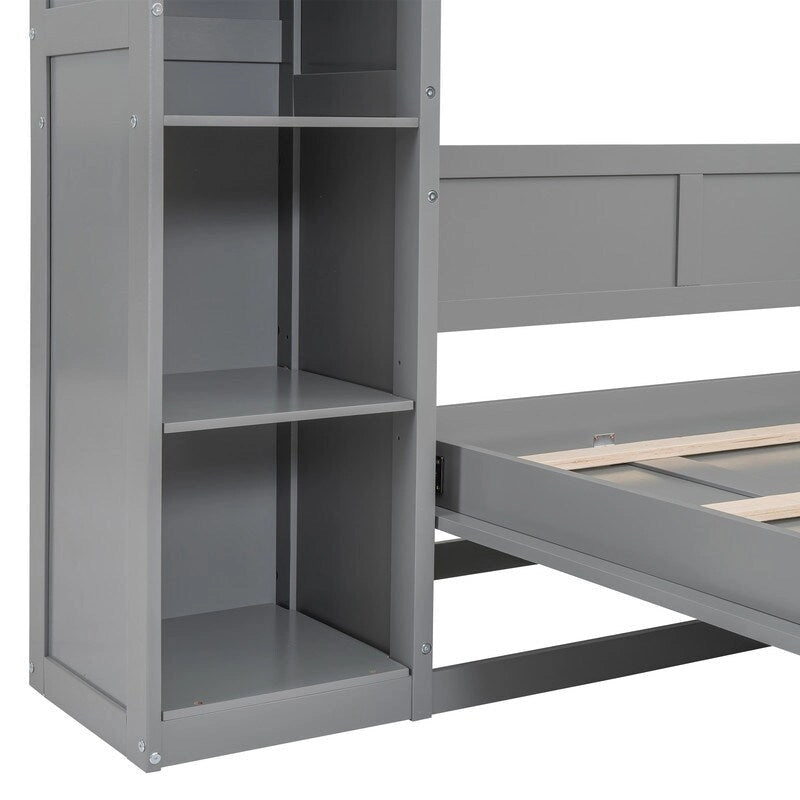 Letto a scomparsa matrimoniale in legno con scaffali e luci a LED