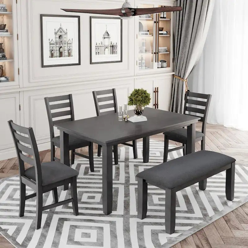 Sedie da Sala 6 Pezzi con Panca, Tavolo da Pranzo in Legno Rustico, Grigio