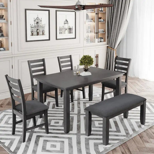 Sedie da Sala 6 Pezzi con Panca, Tavolo da Pranzo in Legno Rustico, Grigio