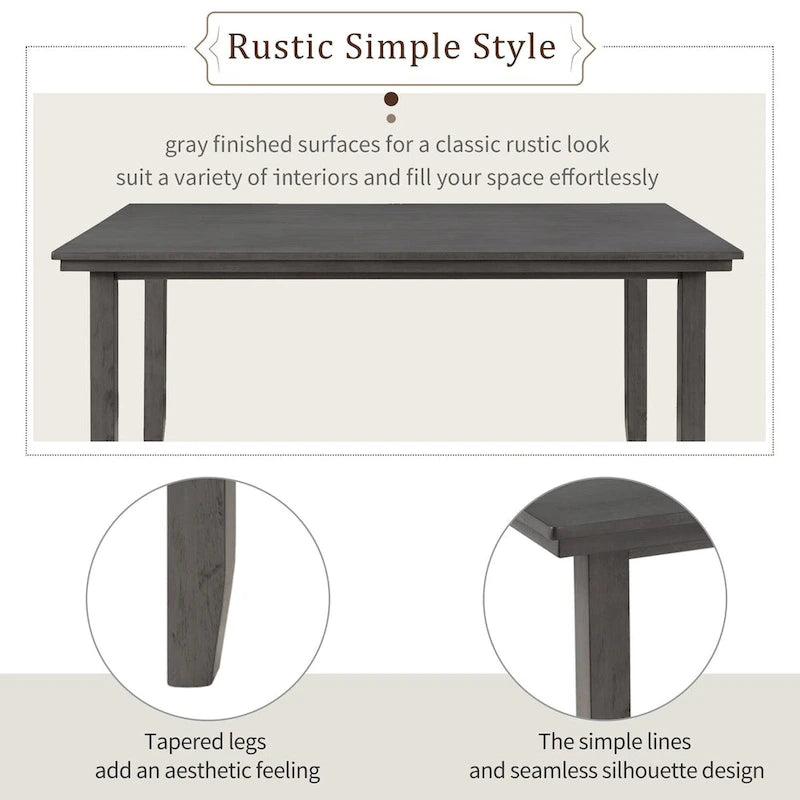 Sedie da Sala 6 Pezzi con Panca, Tavolo da Pranzo in Legno Rustico, Grigio