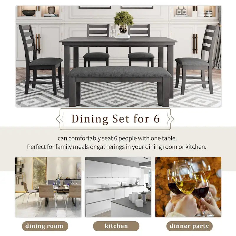 Sedie da Sala 6 Pezzi con Panca, Tavolo da Pranzo in Legno Rustico, Grigio