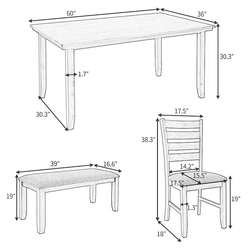 Sedie da Sala 6 Pezzi con Panca, Tavolo da Pranzo in Legno Rustico, Grigio